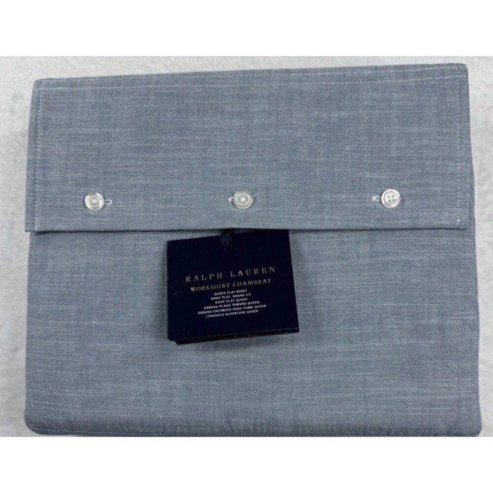 Ralph Lauren Home Queen Flat Sheet Workshirt Chambray Light Blue NEW MSRP $245 - Picture 5 of 5